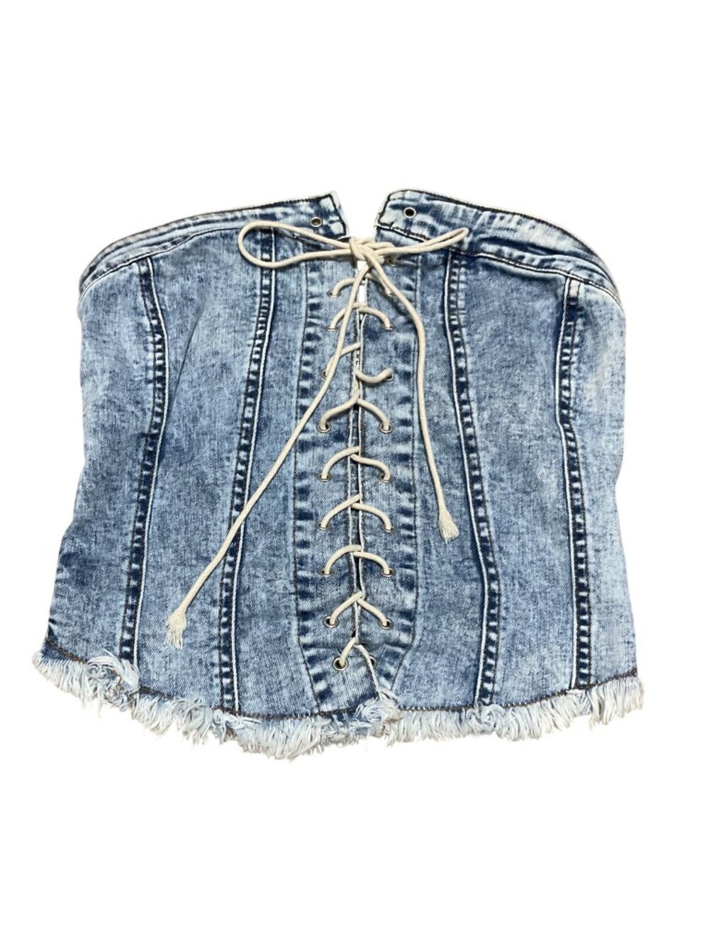 Buckle Denim Distressed Corset Top XS Lace-Up Front Elastic Back Womens